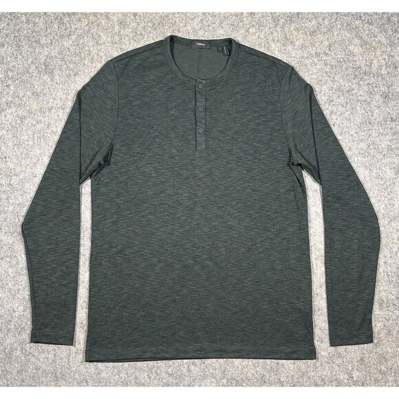 Theory Snap Button Henley Shirt Men’s L Green Long Sleeve Pullover Classic - Picture 1 of 6